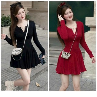 Đầm thời trang nữ mặc đi chơi tết chất gân tăm cổ tròn tay dài cài nút trước ngực váy xòe mini 2 màu