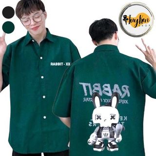 Áo sơ mi nam nữ đều mặc được kiểu tay lỡ form rộng Unisex in hình gâu nơ bear có 2 màu