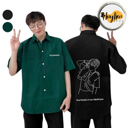 Áo sơ mi nam Unisex tay lỡ form rộng thêu hình chàng trai cực hot
