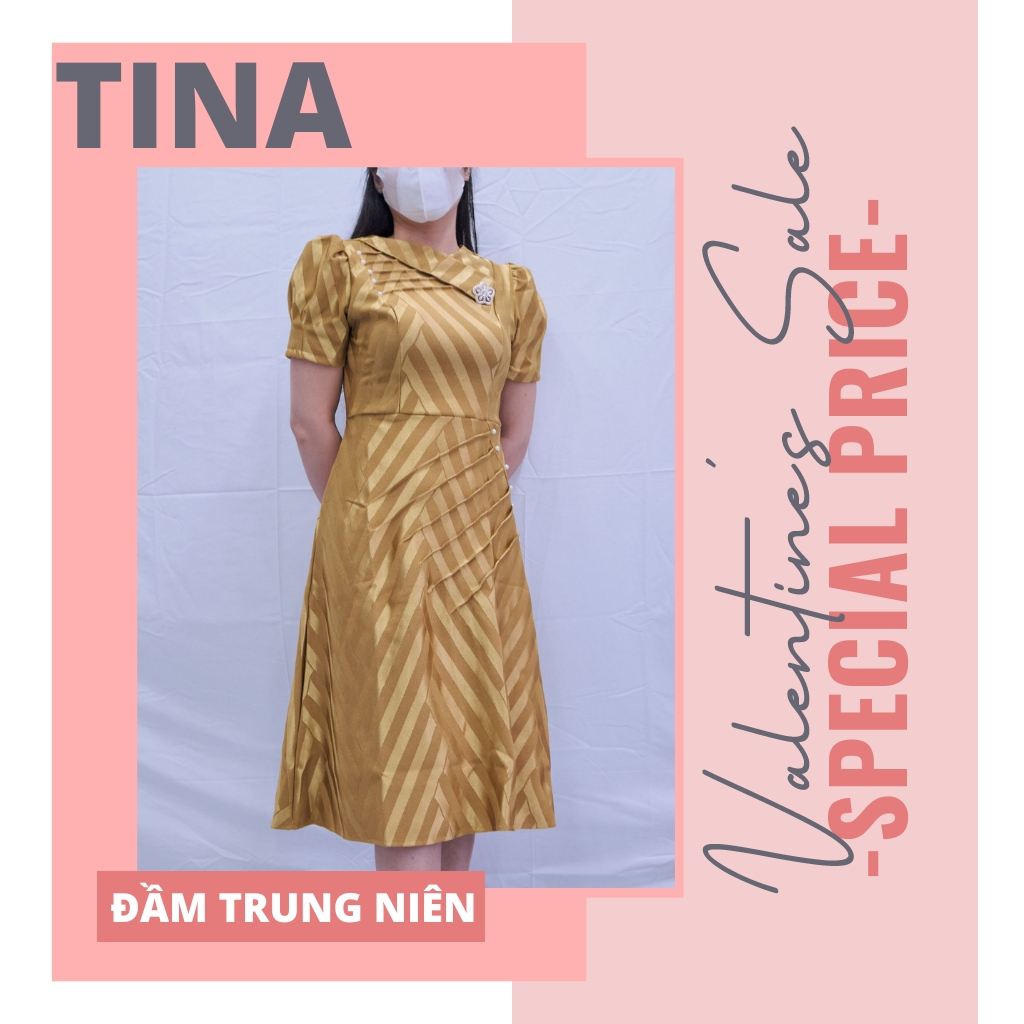 Đầm dự tiệc vải thun sọc dày dặn co giãn mạnh kiểu xòe vừa, Đầm trung niên cho mẹ dài qua gối lịch sự, sang trọng U60-70