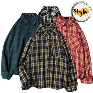Áo sơ mi nam, áo sơ mi khoác ngoài tay dài caro in chữ có túi kiểu dáng BASIC form rộng trẻ trung  phong cách Hàn Quốc