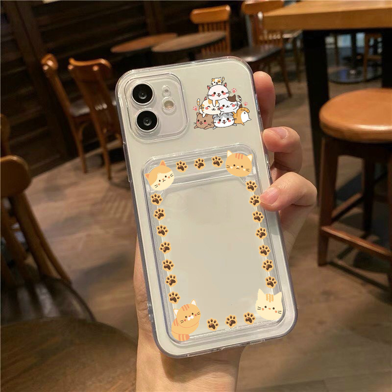 Ốp Lưng iPhone Mềm Trong Suốt Dạng Ví Đựng Thẻ hình mặt mèo dễ thương iphone 6/6s/7/8/X/XS/11/12/13/14/15 Pro Plus Max