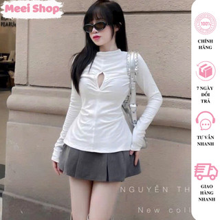 Áo kiểu nữ tay dài cổ cao khoét ngực rút eo xẻ tà Meei Shop, Áo thun kiểu nữ ôm body chất borip dày dặn, cá tính -A300-