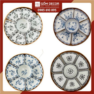 Bộ bát đĩa cúng gia tiên, bộ hoa mặt trời men trắng vẽ tay gốm sứ bát tràng
