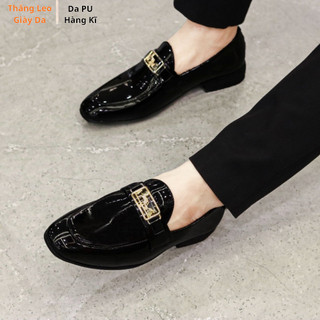 Giày lười nam màu đen da PU hàng kĩ họa tiết mác ngựa cực chất giầy nam da bóng size 38-43