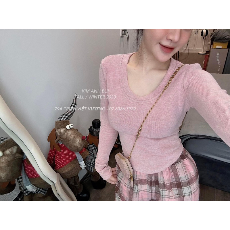 Set Áo Len Quần Kẻ Hồng Kim Anh Bùi