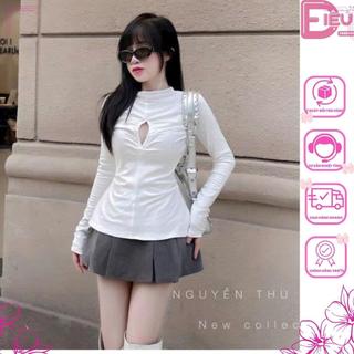 Áo kiểu nữ tay dài cổ cao khoét ngực xẻ tà, Áo kiểu chất borip ôm body phong cách cá tính sang trọng -A300-