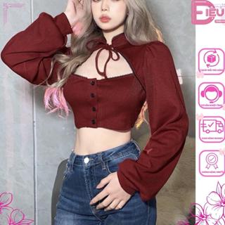 Áo thun croptop nữ tay dài cổ tàu khoét ngực tôn v1 Điệu Fashion, Áo kiểu nữ phối ren chất gân tăm dày dặn -A301-