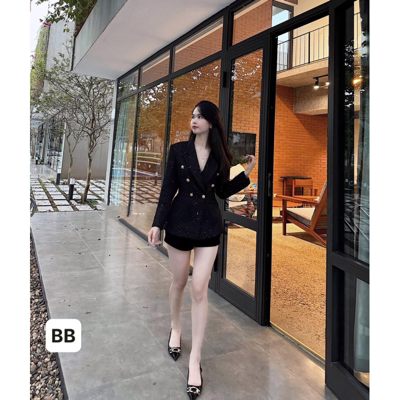 Áo vest nữ cao cấp vải dạ tweed kim sa sang chảnh