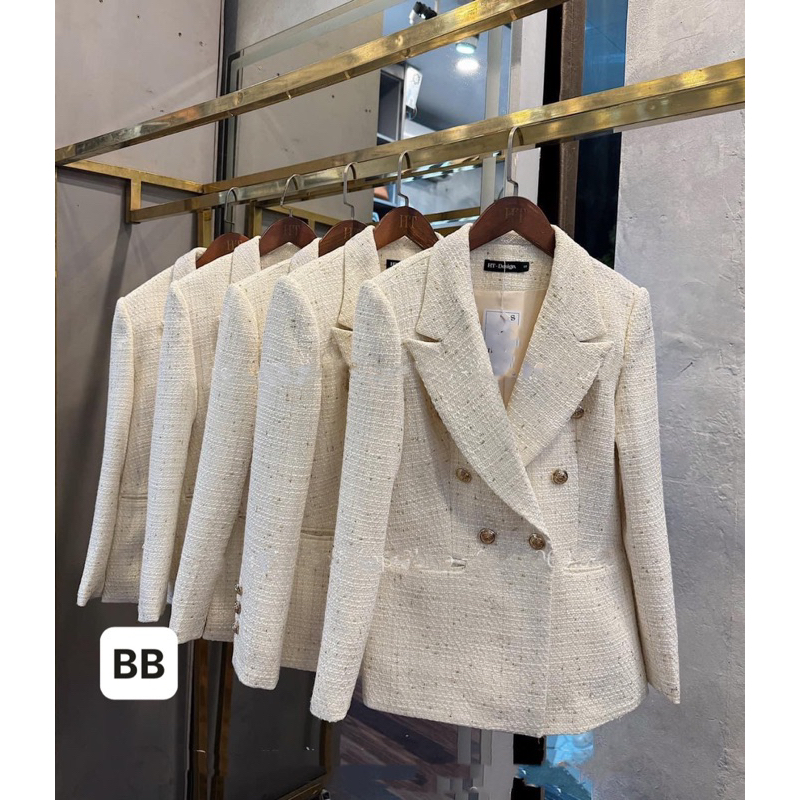 Áo vest nữ cao cấp vải dạ tweed kim sa sang chảnh