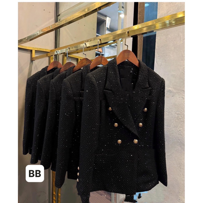 Áo vest nữ cao cấp vải dạ tweed kim sa sang chảnh