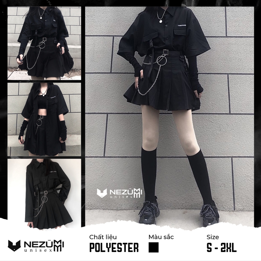 (Sẵn_Ảnh thật) Áo sơ mi tay lỡ túi hộp form rộng unisex nam nữ hiphop + chân váy xếp ly ngắn cá tính Châu Âu