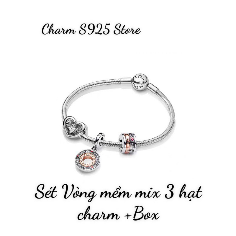 BỘ VÒNG TAY PAN ALE DÂY MỀM MIX 3 HẠT CHARM TIM HÀNG CAO CẤP CHUẨN BẠC S925
