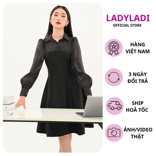 Đầm dạ tweed đen phối cổ sơ mi dài tay LADI đi làm, đi chơi DA187