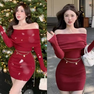 Váy body trễ vai thun gân tăm Giáng Sinh quyến rũ cho nữ YUMI BÁN SỈ