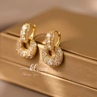  Cao Cấp_Bông Tai Mạ Vàng 18K Hình Tròn Đính Đá Zircon Khuyên Tai Đính Đá Bông Tai Đi Tiệc Sang Trọng - E169