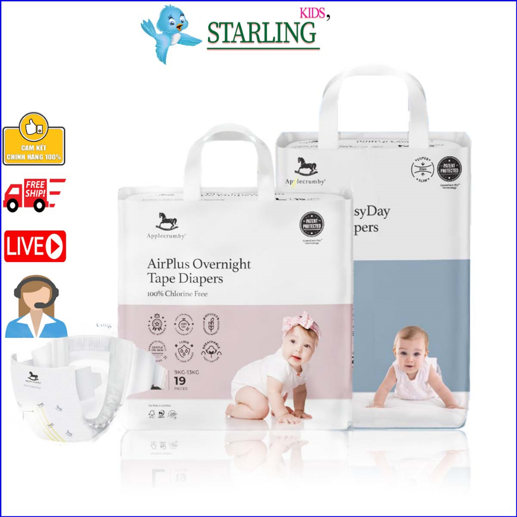 Tã bỉm Applecrumby Slim và over night NB20/S23/L19/XL24 QUẦN M21/L19/XL15/XXL13 chính hãng