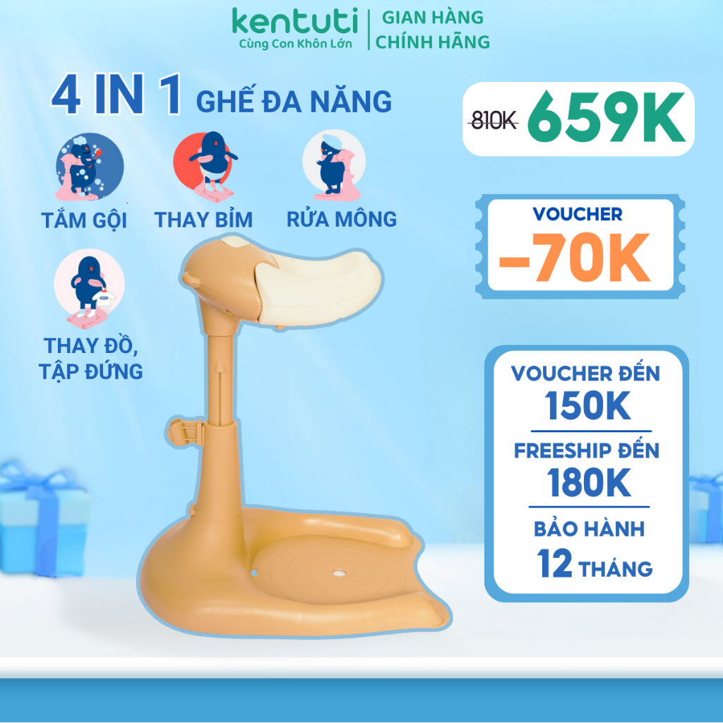 Ghế Tắm Cho Bé Kentuti Thiết Kế Đa Năng 4in1, Tắm Gội, Thay Bỉm, Vệ Sinh, Tập Đứng Có Thể Điều Chỉnh Độ Cao Và Tháo Rời