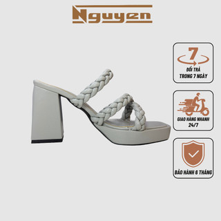 Giày sandal nữ đế đúp cao 10p quai thắt bính phối xinh xắn Nguyễn Gia-N135