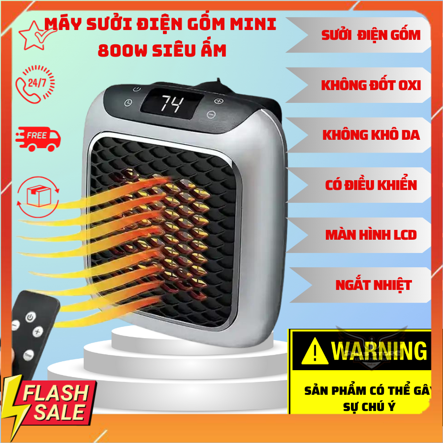 Máy Sưởi Gốm PTC Mini Handy Heater Turbo 800W Kèm Điều Khiển Không Khô Da, Màn Hình LCD Có Chế Độ Qúa Nhiệt An Toàn