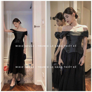 Đầm xoè trễ vai cột eo phối tùng lưới Mixiz House