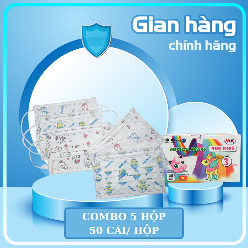Khẩu trang Y Tế dành cho trẻ em 3 lớp 4UK KOREA in họa tiết cho bé 5 -12 tuổi