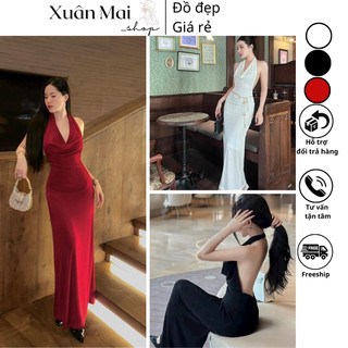 Đầm ôm body nữ cổ đổ form dài xoè nhún mông hở lưng ba màu đen đỏ trắng siêu xinh mặc Noel, lễ Tết