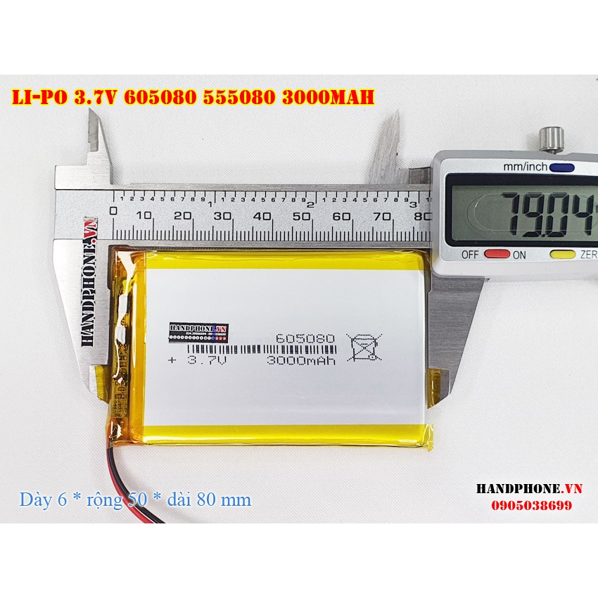 Pin Li-Po 3.7V 605080 555080 3000mAh  dày 6mm cho Loa Bluetooth, Định vị GPS, Camera, Pin Dự Phòng