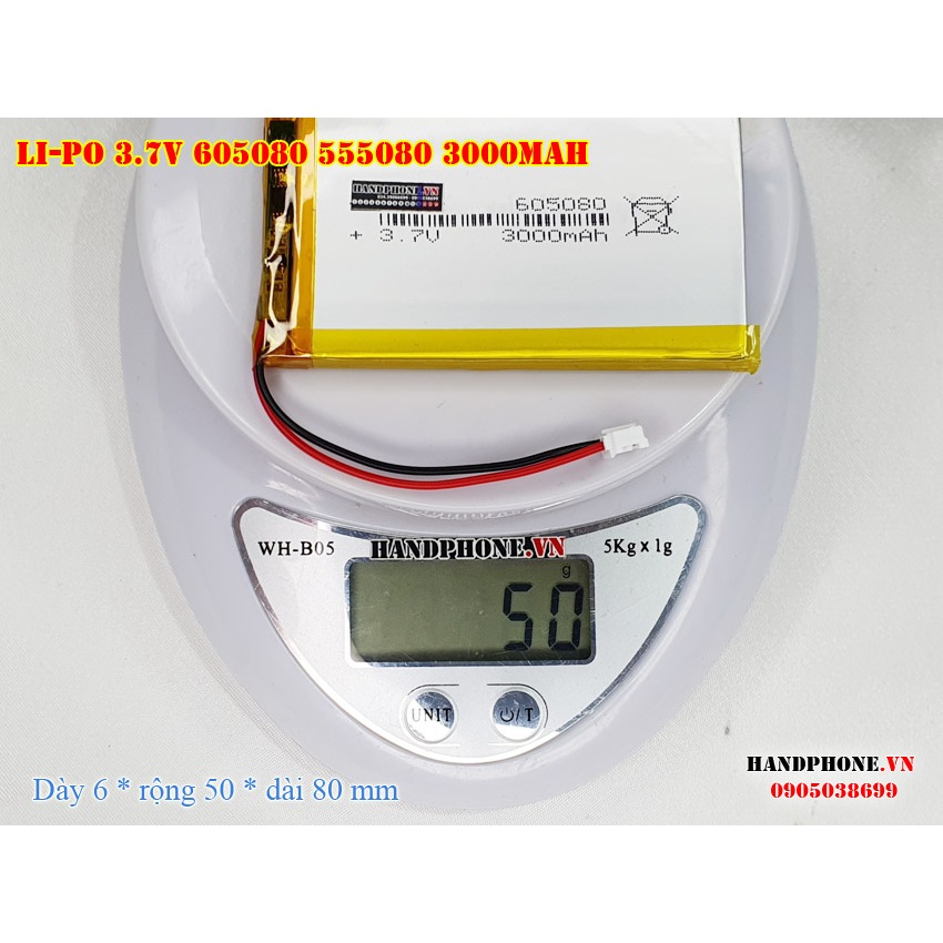 Pin Li-Po 3.7V 605080 555080 3000mAh  dày 6mm cho Loa Bluetooth, Định vị GPS, Camera, Pin Dự Phòng