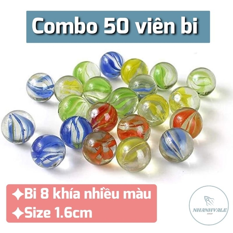 Bộ 50 viên bi ve 8 khía nhiều màu size 1.6cm bằng thuỷ tinh