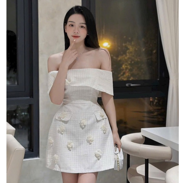 Váy nữ dự tiệc sang chảnh váy trễ vai đính hoa váy cao cấp hàng loại 1 chất đẹp