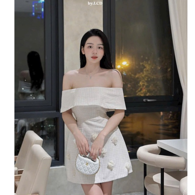 Váy nữ dự tiệc sang chảnh váy trễ vai đính hoa váy cao cấp hàng loại 1 chất đẹp