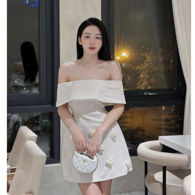 Váy nữ dự tiệc sang chảnh váy trễ vai đính hoa váy cao cấp hàng loại 1 chất đẹp