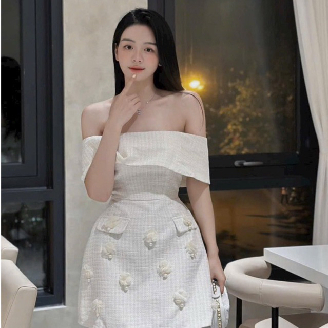 Váy nữ dự tiệc sang chảnh váy trễ vai đính hoa váy cao cấp hàng loại 1 chất đẹp