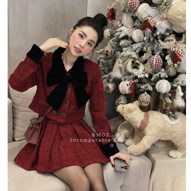 Sét đồ nữ sét dạ đẹp sét dạ tweed mặc tết đỏ đô cao cấp HN DESIGN