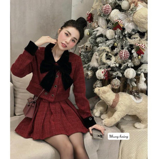 Sét đồ nữ sét dạ đẹp sét dạ tweed mặc tết đỏ đô cao cấp HN DESIGN