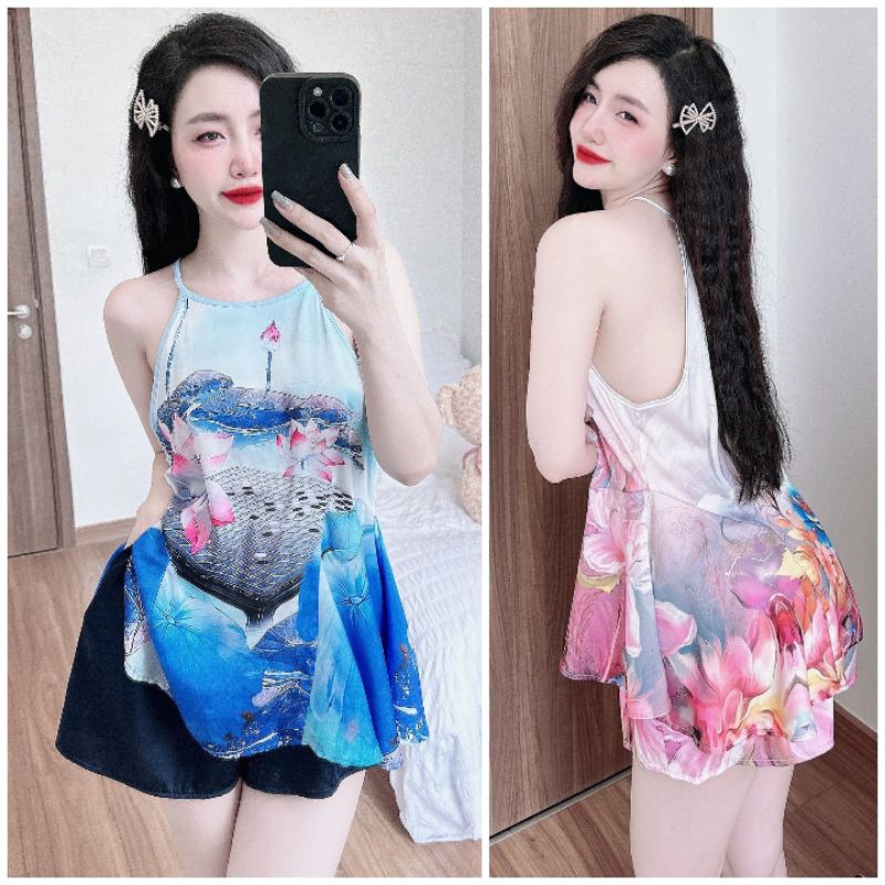Bộ Yếm Quần Đùi Pyjama Siêu Sang - Lụa Latin Quảng Châu Mềm Mát - Đồ Ngủ Nữ Cao Cấp