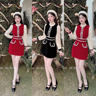 ĐẦM VÁY dự tiệc mặc đi lễ TẾT và Noel tay dài chạy viền chất liệu NHUNG CỨNG mix tằm ánh kim sang chảnh