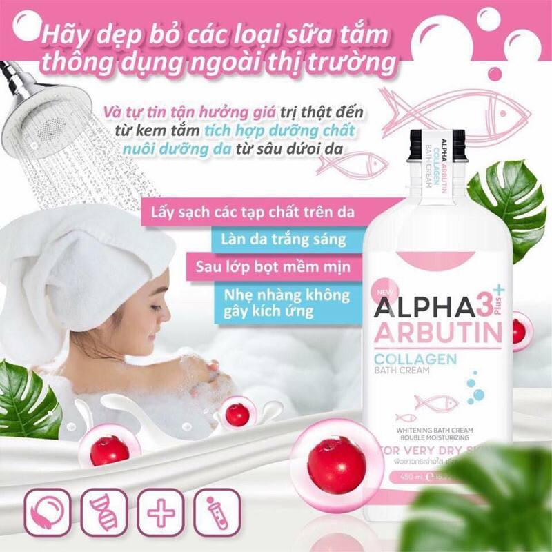 Sữa Tắm Trắng Da Alpha Arbutin 3+ Plus Collagen Bath Cream 350ML Dưỡng Trắng X3 Chính Hãng Thái Lan