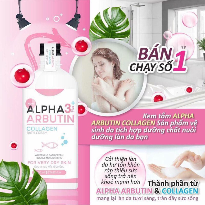 Sữa Tắm Trắng Da Alpha Arbutin 3+ Plus Collagen Bath Cream 350ML Dưỡng Trắng X3 Chính Hãng Thái Lan