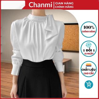 Áo sơ mi kiểu thắt nơ cổ cách điệu CHANMI A02, sơ mi nữ công sở dài tay vai bồng nhẹ phong cách hàn quốc