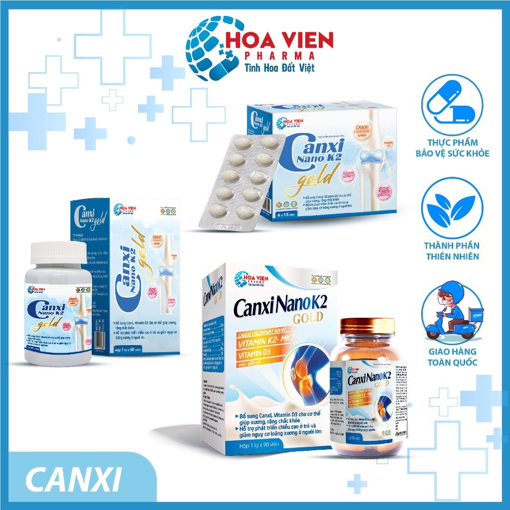 Viên Uống Canxi Nano K2 Gold Tăng Cường Canxi Vitamin D3 Cho Trẻ Em, Người Lớn, Phụ Nữ Mang Thai.