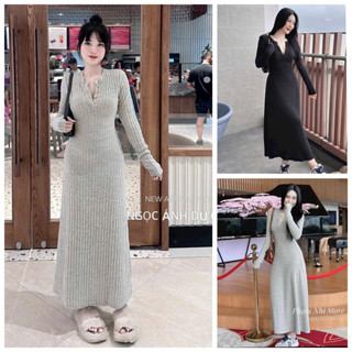 Đầm len gân tăm maxi mềm mại ôm eo body dáng xòe dài phối nút cài siêu hách dáng sexy sang chảnh thiết kế basic sang xịn