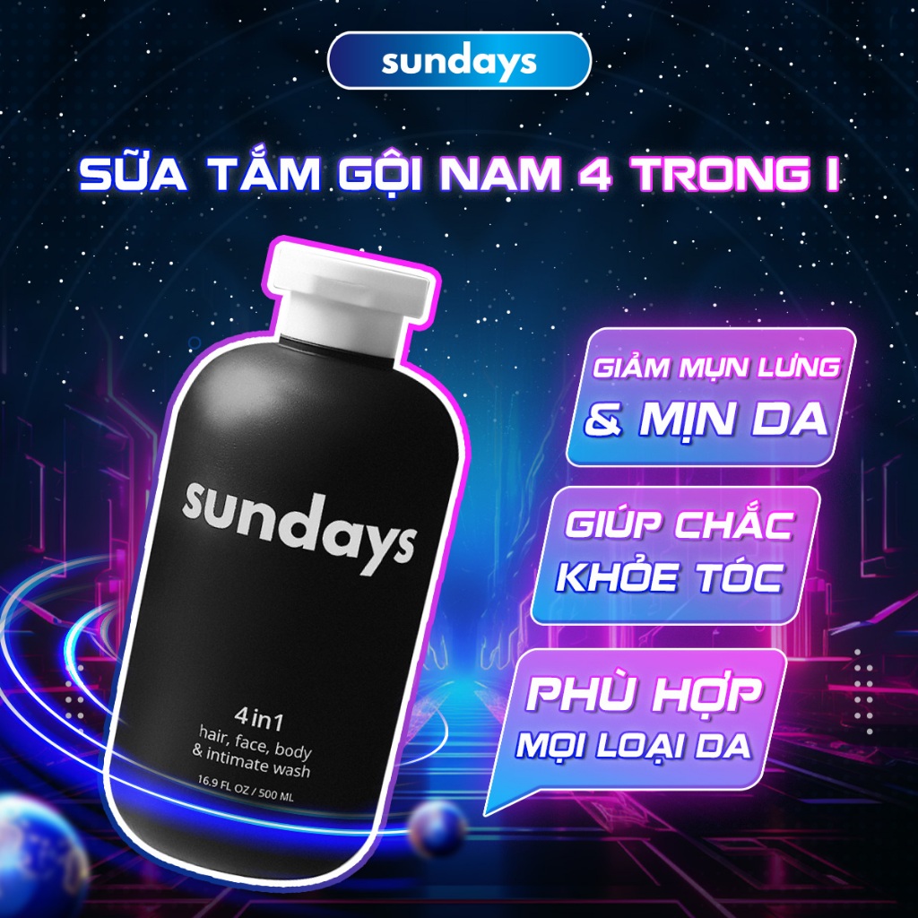 Sữa Tắm Gội Toàn Thân 4in1 cho Nam Sundays, tiện lợi, hương nước hoa quyến rũ 500ml