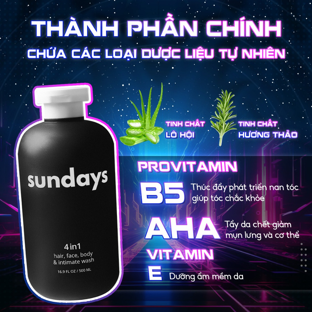 Sữa Tắm Gội Toàn Thân 4in1 cho Nam Sundays, tiện lợi, hương nước hoa quyến rũ 500ml