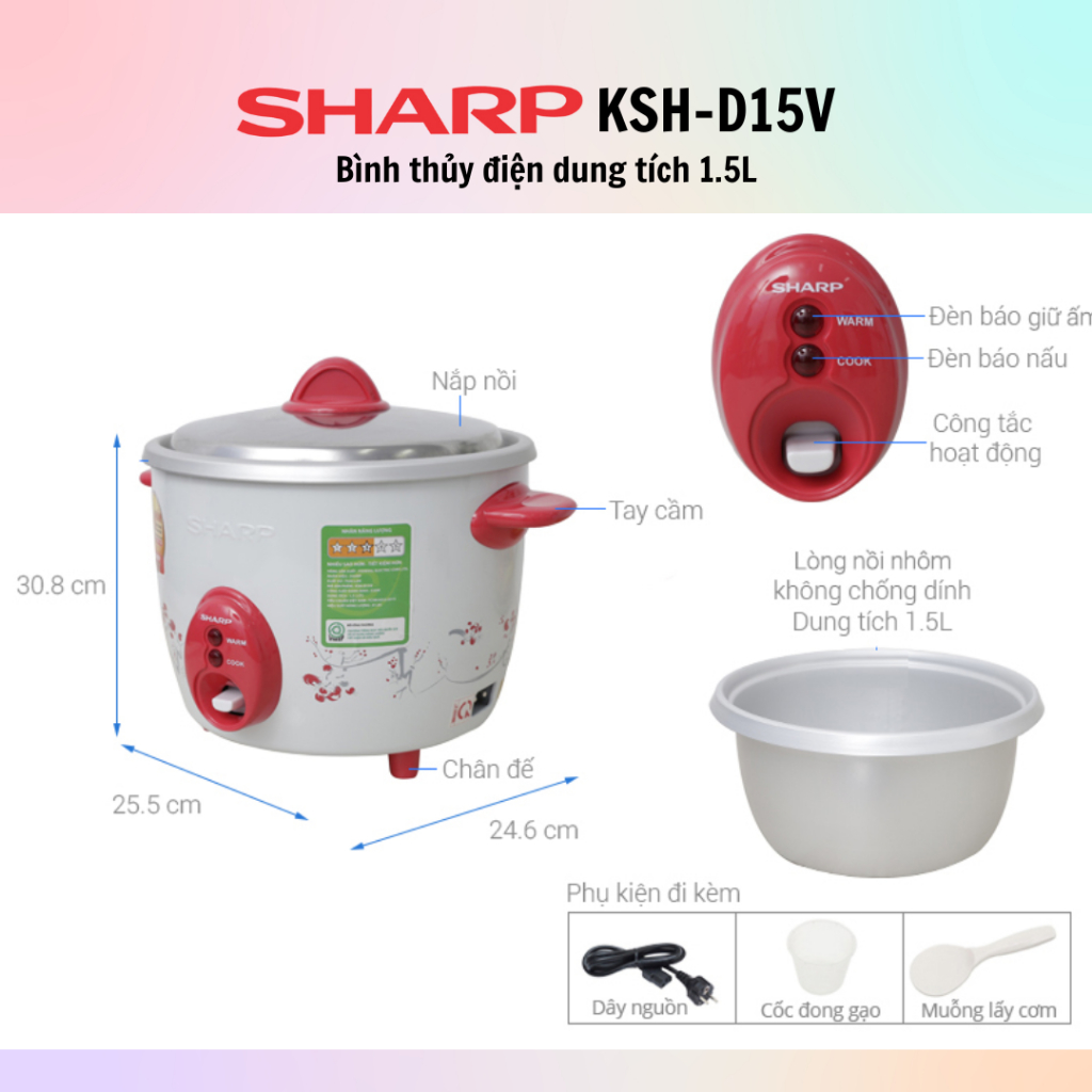 Nồi Cơm Điện Nắp Rời Sharp KSH-D15V (1.5L) - Màu Ngẫu Nhiên