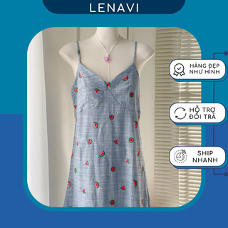 ĐẦM MAXI, chất liệu linen thêu họa tiết dưa hấu, đầm hai dây có thể điều chỉnh, dài ~ 120cm, Lenavi Fashion