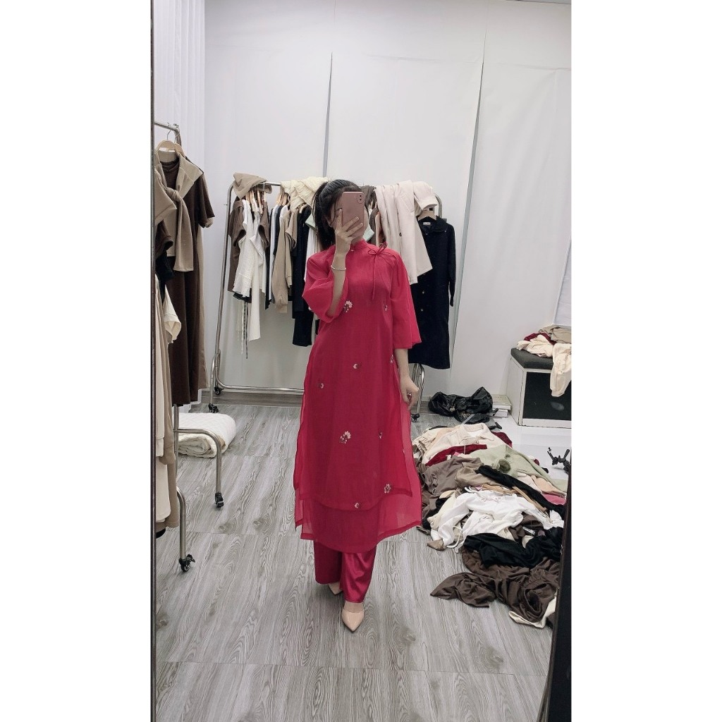 Sét áo dài thêu hoa nổi tay lỡ - 247store.vn - AodaitheuAD22_P13K5