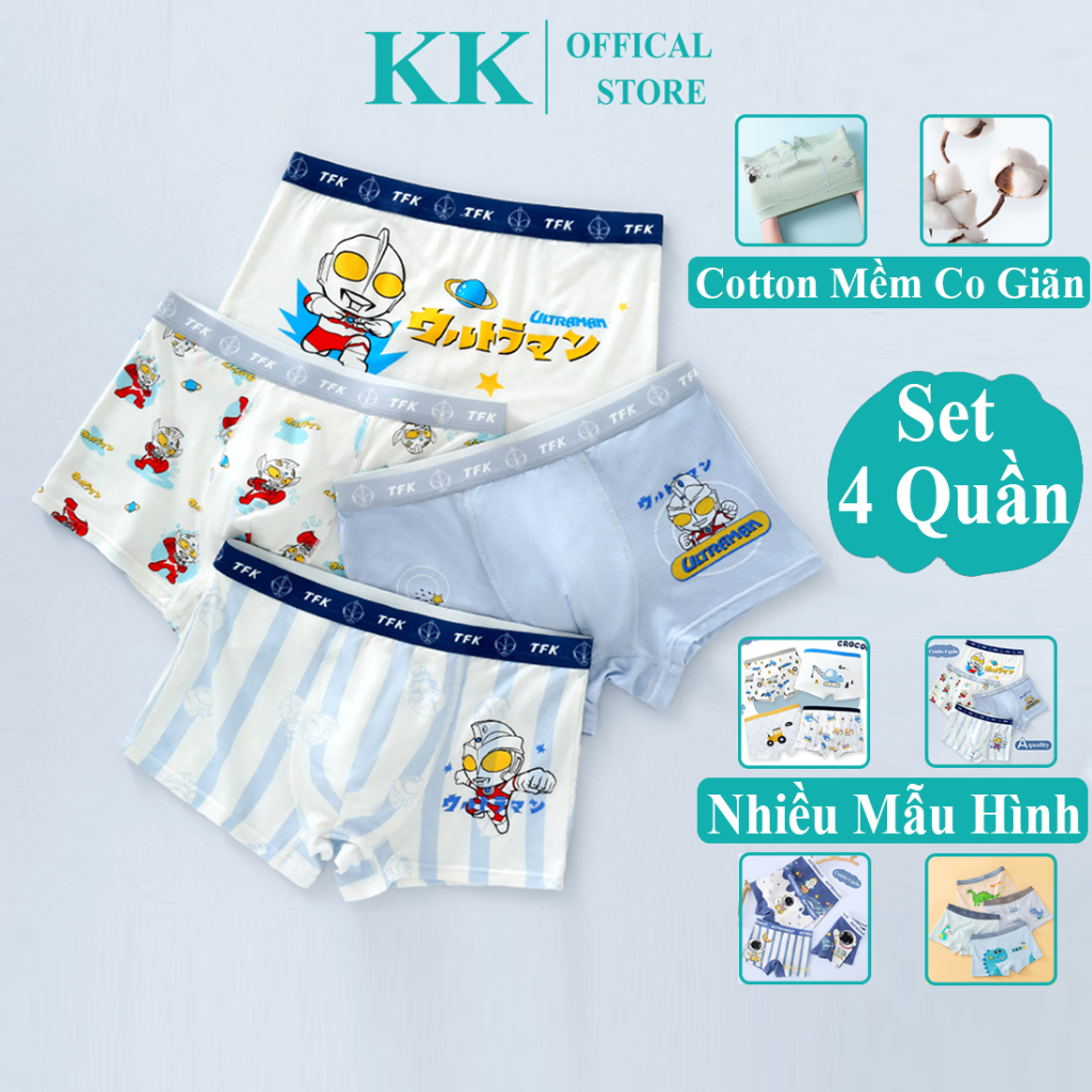 Quần Sịp Đùi Cho Bé Trai SET 4 CÁI Thun Cotton Mềm Mịn Co Giãn 4 Chiều, Quần Lót Chíp Trẻ Em Cho Bé Trai Xốp KooKoo