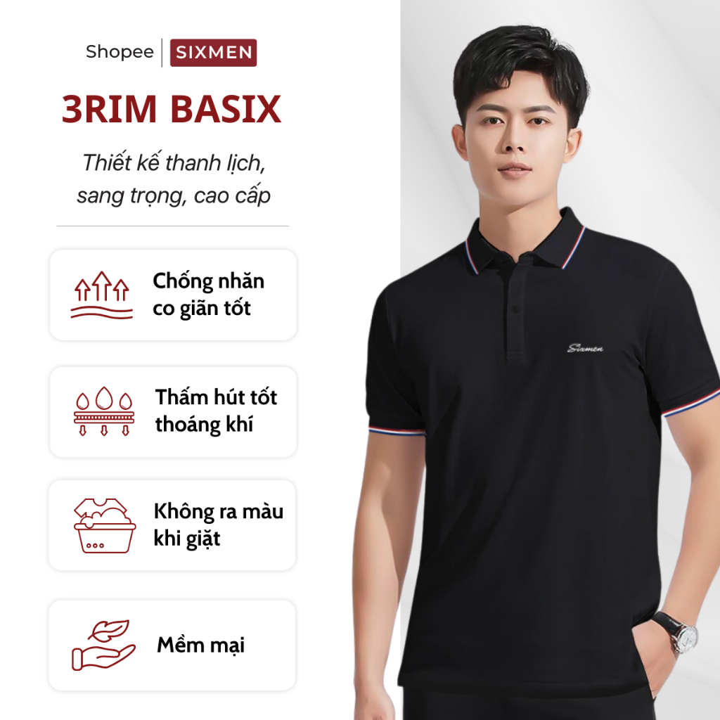 Áo thun Polo nam cao cấp có cổ bẻ SIXMEN  - 3RIM BASIX - vải cá sấu cotton thoáng mát, thanh lịch